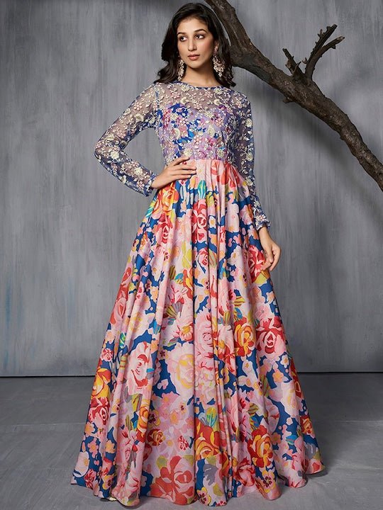 Elegant Party Wear Floral Print Gown with Koti and Inner